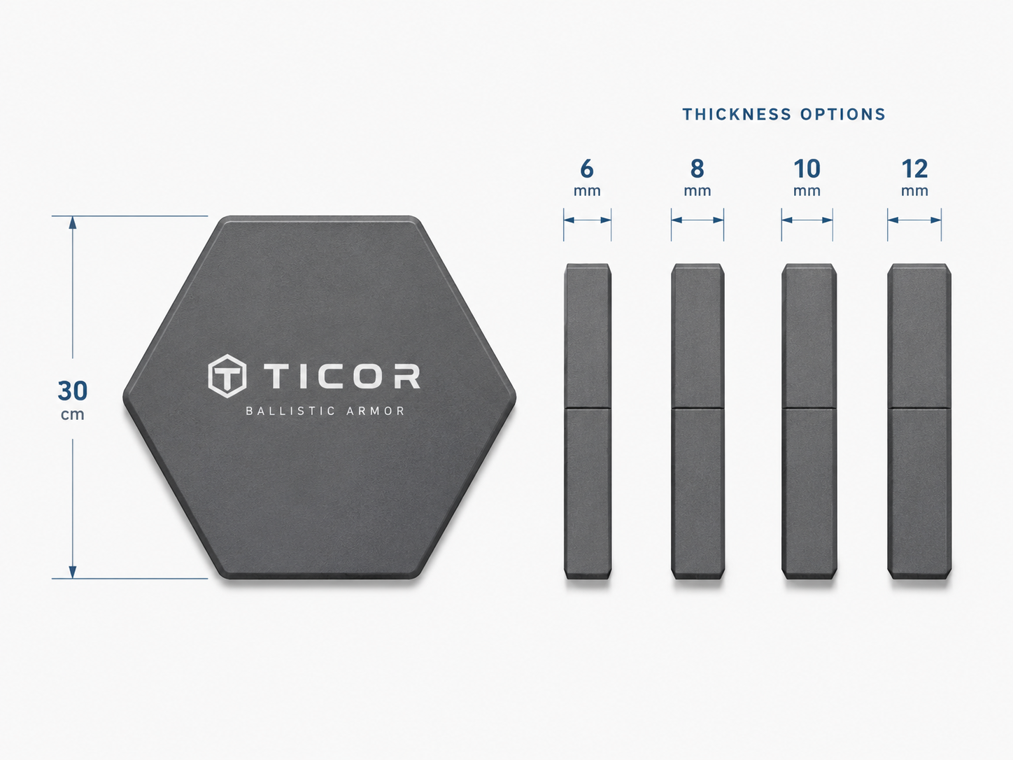 Ticor ballistic armor tile dimensions and thickness options